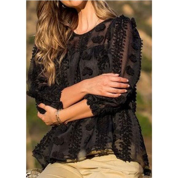 Anthropologie THML Matapolo Black Sheer Pom Fringe Blouse Size Small Boho Chic - Picture 2 of 5